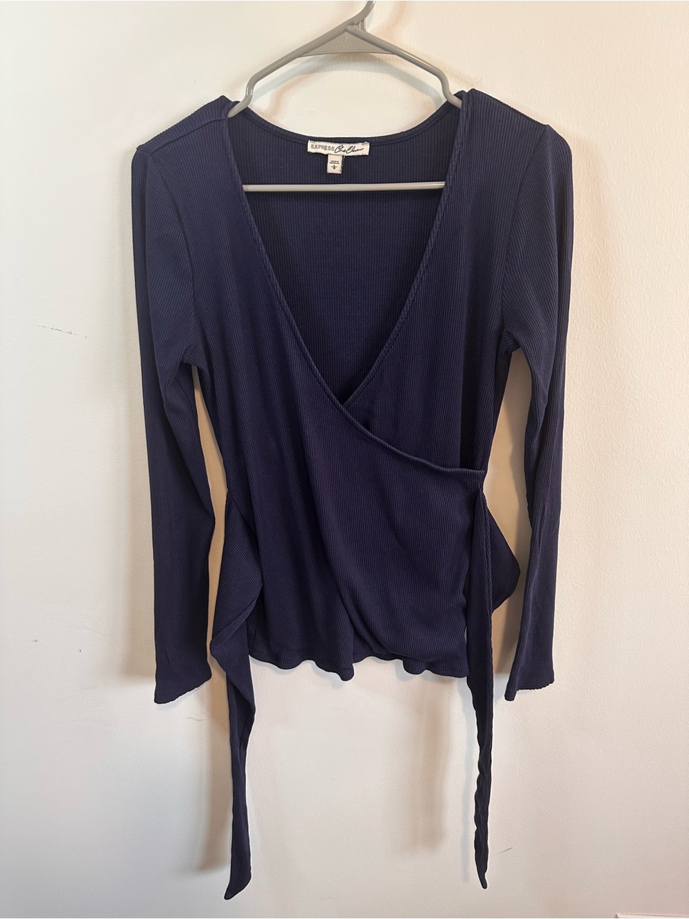 Express Navy Wrap Ribbed Long-Sleeve Top